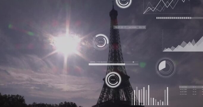 Animation of financial data processing over paris cityscape