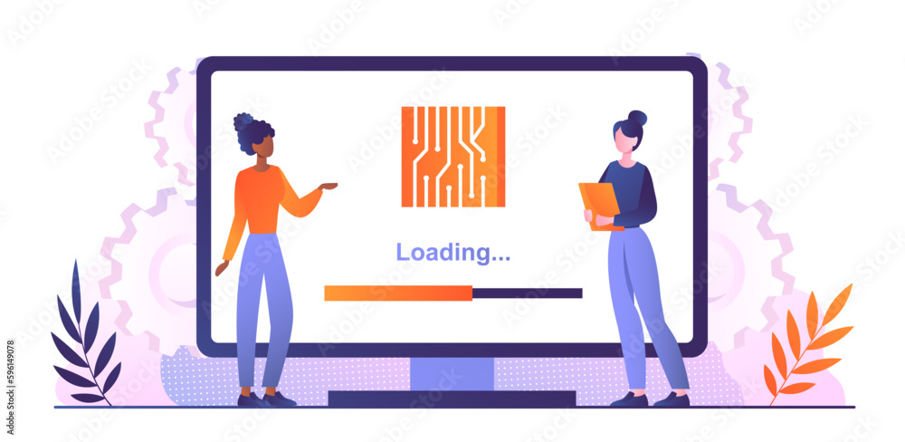 Poster computer firmware concept. women next to monitor with progress scale. gadgets and devices, system up