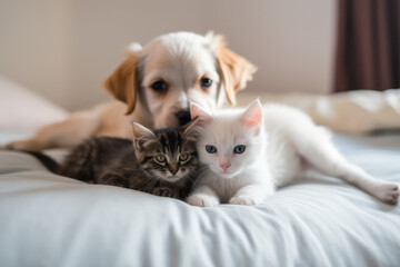 Petting a puppy and a kitten together as best buddies on the bed, generative AI