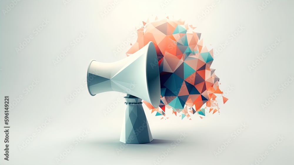 Poster geometric sound waves: minimalist polygonal megaphone on a white backdrop in 8k created with generat