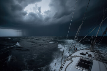 Yacht sailing in a storm with lightning and thunder, generative AI - obrazy, fototapety, plakaty