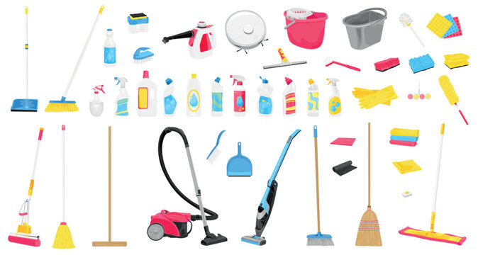 Set of housecleaning supplies on white background
