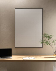 Blank white photo poster frame with black edge in modern, luxury beige brown wall room, wood working table desk, computer notebook, green bamboo tree glass vase in sunlight. Template background 3D