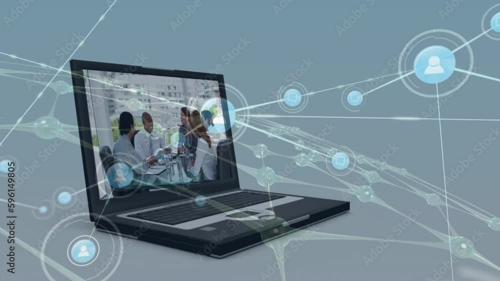 Poster animation of network of digital icons against business data processing on laptop on blue background