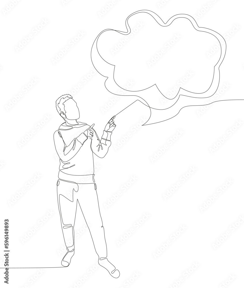 Poster one continuous line of man pointing with finger at empty speech bubble. thin line illustration vecto