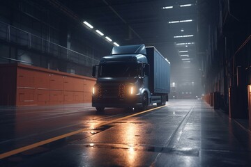 Fototapeta na wymiar A self-driving truck delivers cargo to a warehouse. Generative AI