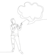 Obraz na płótnie Canvas One continuous line of Man pointing with finger at empty Speech Bubble. Thin Line Illustration vector concept. Contour Drawing Creative ideas.