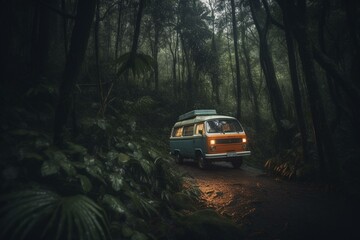 Obraz na płótnie Canvas Camper van in rainforest for auto camping. Generative AI