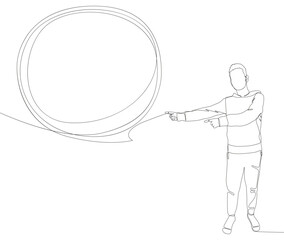 One continuous line of Man pointing with finger at empty Speech Bubble. Thin Line Illustration vector concept. Contour Drawing Creative ideas.