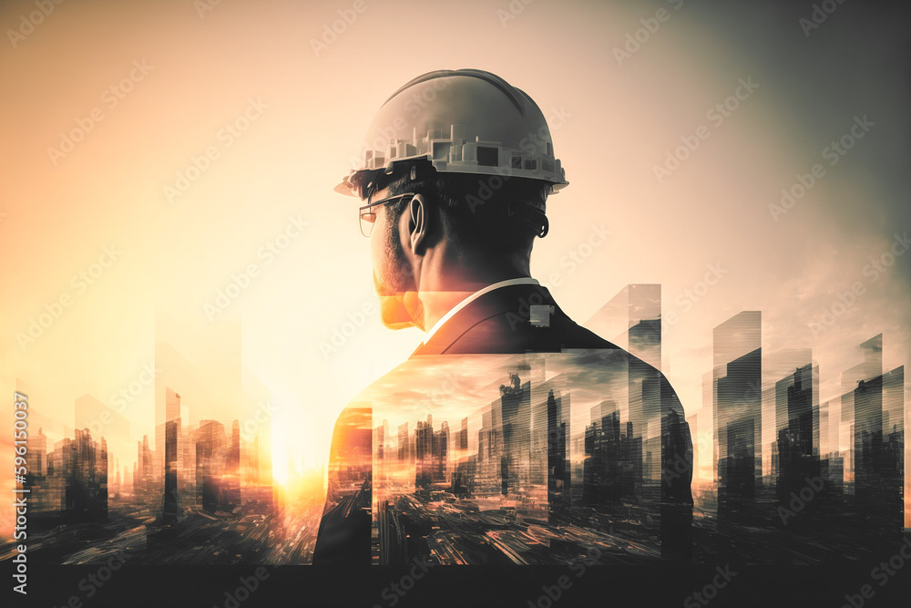 Poster civil engineer portrait as concept for building construct by professional with hardhat helmet engine