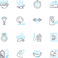 Nutrient-rich diet linear icons set. Nutrition, Health, Balanced, Diversity, Vitality, Wellness, Fiber line vector and concept signs. Protein,Minerals,Vitamins outline illustrations
