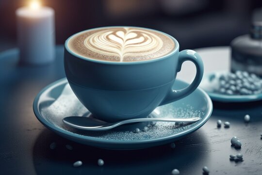 3D illustration of a cappuccino coffee cup in blue color. Generative AI