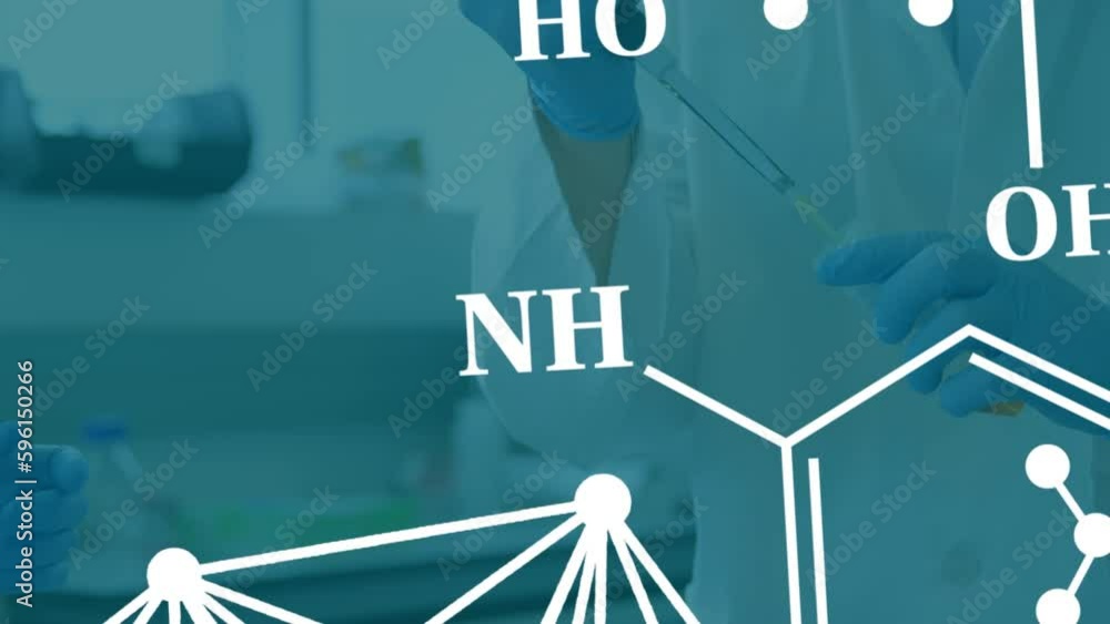 Poster animation of chemical structures against midsection of two scientists working at laboratory