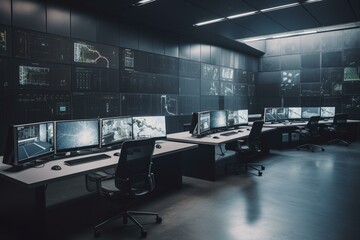 A spacious control room for a security system with several displays and an empty office nearby. Generative AI