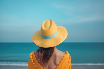 Fototapeta na wymiar Back view of a woman wearing a hat sitting on a beach. Created with Generative AI Technology