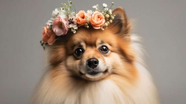 Pomeranian with flower crown portrait generated with Generative AI technology