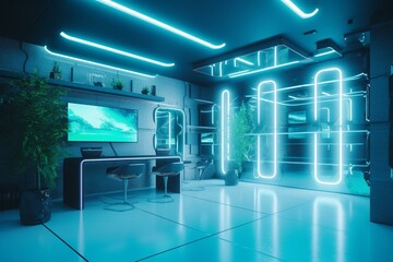 Obraz na płótnie Canvas Futuristic, award-winning interior design featuring shining blue and green hues with neon accents and defocused walls. Generative AI