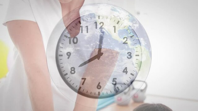 Animation of clock ticking over caucasian female physiotherapist with patient
