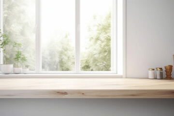 Obraz na płótnie Canvas Wooden counter with a white kitchen interior and a large window in the backdrop. product display mockup copy space, generative AI