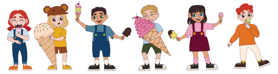 Group of cute little children with delicious ice cream on white background