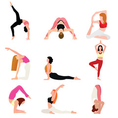 Set of women practicing yoga on white background