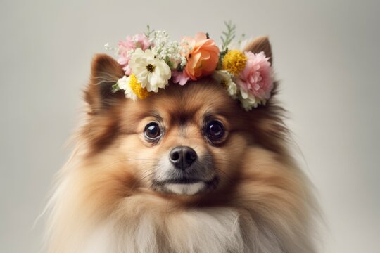 Pomeranian with flower crown portrait generated with Generative AI technology