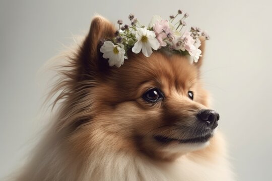 Pomeranian with flower crown portrait generated with Generative AI technology