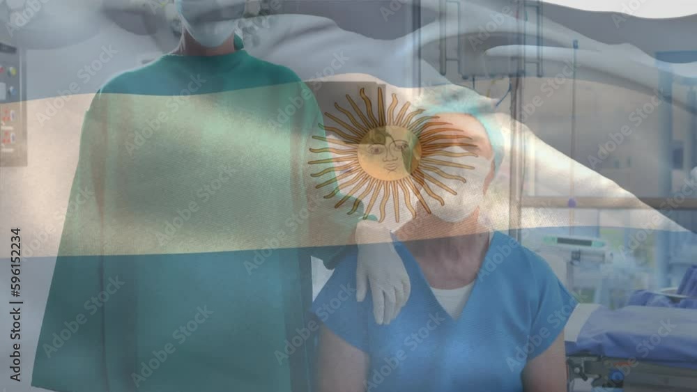 Sticker Animation of waving argentina flag over caucasian male and female surgeon at hospital