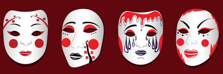 Set of Japanese Kabuki masks on color background