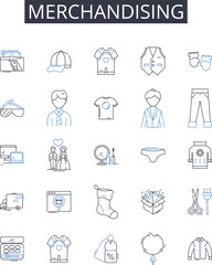 Merchandising line icons collection. Retailing, Selling, Marketing, Advertising, Showcasing, Displaying, Exhibiting vector and linear illustration. Promoting,Publicizing,Pitching outline signs set