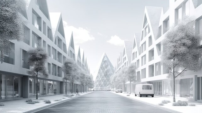 Abstract Suburbia: Minimalist Polygonal Residential Street on a White Backdrop in 8K created with generative AI technology