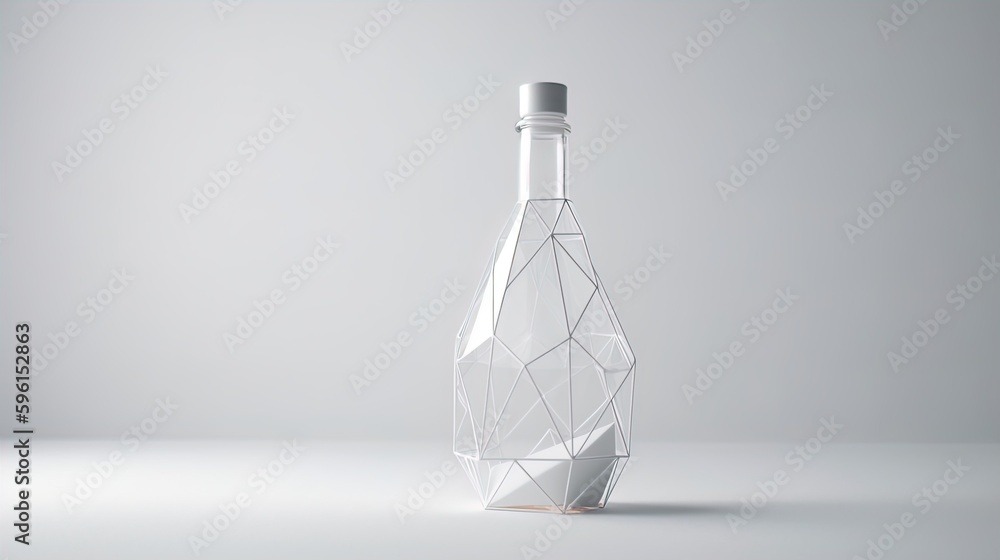 Fototapete Geometric Elixir: Minimalist Polygonal Bottle Dissolving into Triangles on a White Background in 8K created with generative AI technology