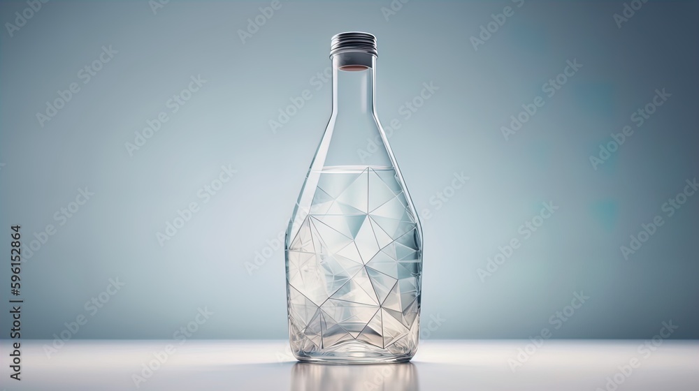 Poster geometric elixir: minimalist polygonal bottle dissolving into triangles on a white background in 8k 