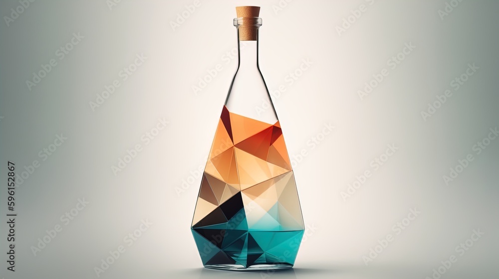 Poster geometric elixir: minimalist polygonal bottle dissolving into triangles on a white background in 8k 