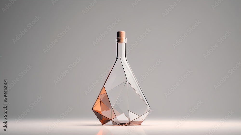 Poster geometric elixir: minimalist polygonal bottle dissolving into triangles on a white background in 8k 