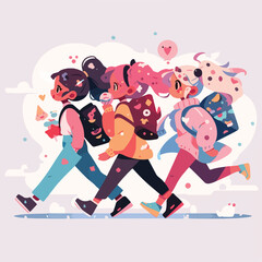 Running and Traveling with Simplicity: Portraits of Active and Adventurous Children in Vector Illustration