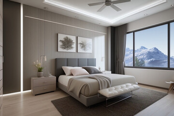 Modern Bedroom, Clean, Fan, ultramodern. Made with Generative AI.