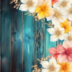 Square wooden background with colorful flowers in watercolor paint with Generative AI Technology