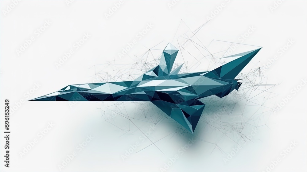Poster aerodynamic metamorphosis: minimalist airplane dissolving into polygonal triangles on a white backgr