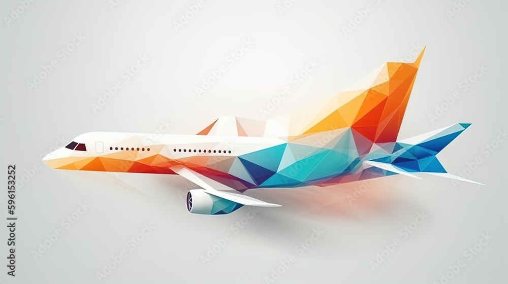 Poster aerodynamic metamorphosis: minimalist airplane dissolving into polygonal triangles on a white backgr