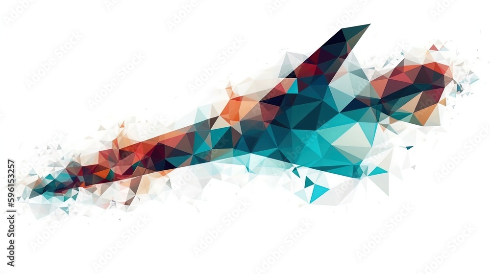 Poster aerodynamic metamorphosis: minimalist airplane dissolving into polygonal triangles on a white backgr