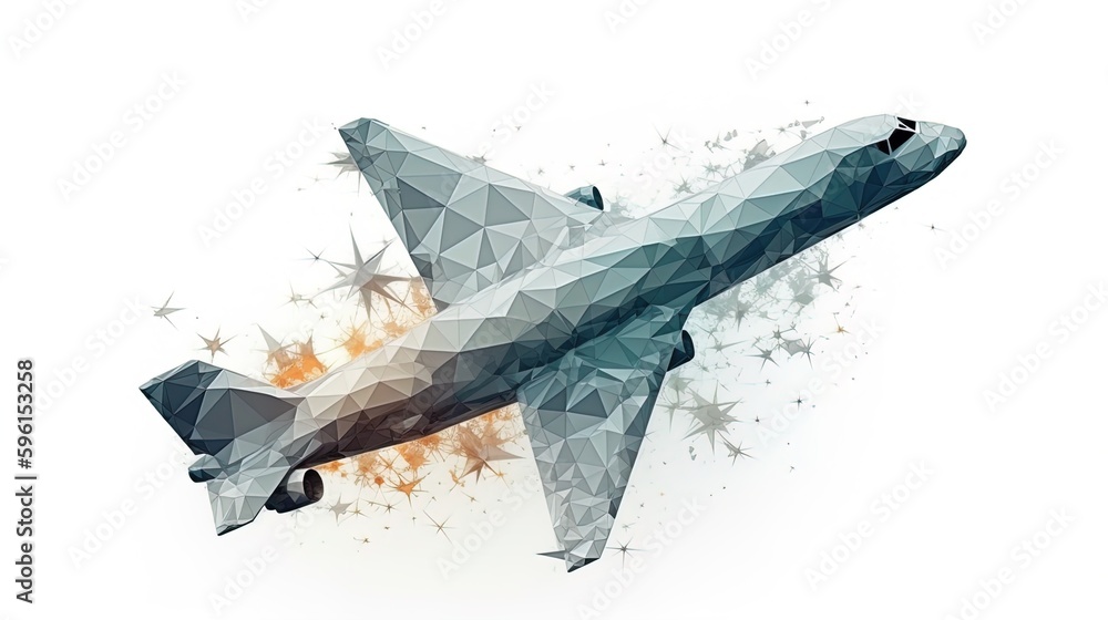 Poster aerodynamic metamorphosis: minimalist airplane dissolving into polygonal triangles on a white backgr
