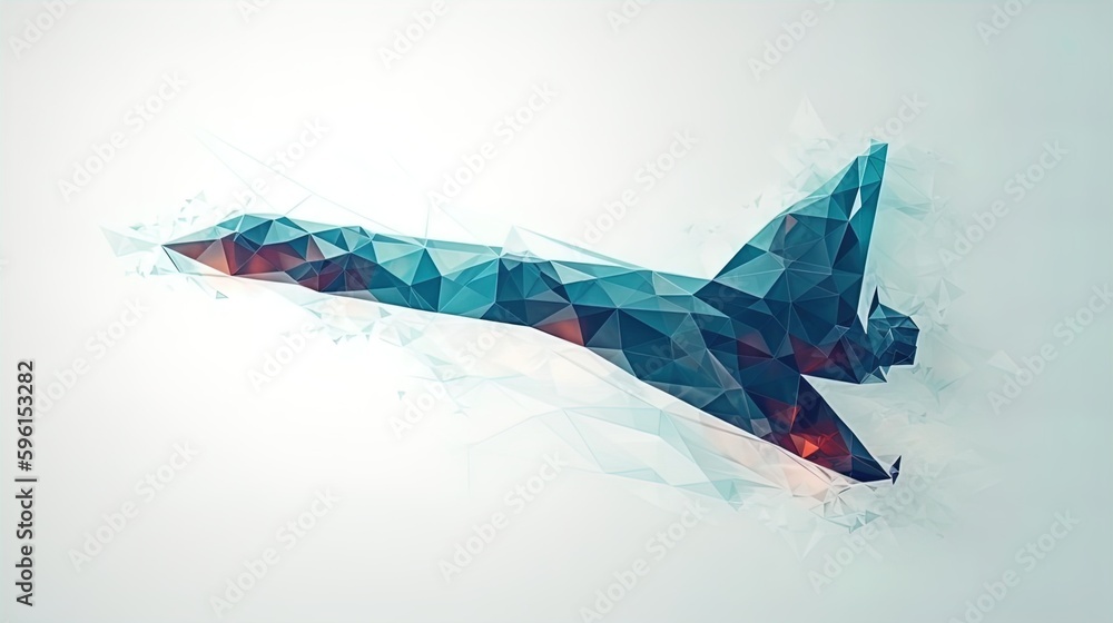 Poster aerodynamic metamorphosis: minimalist airplane dissolving into polygonal triangles on a white backgr