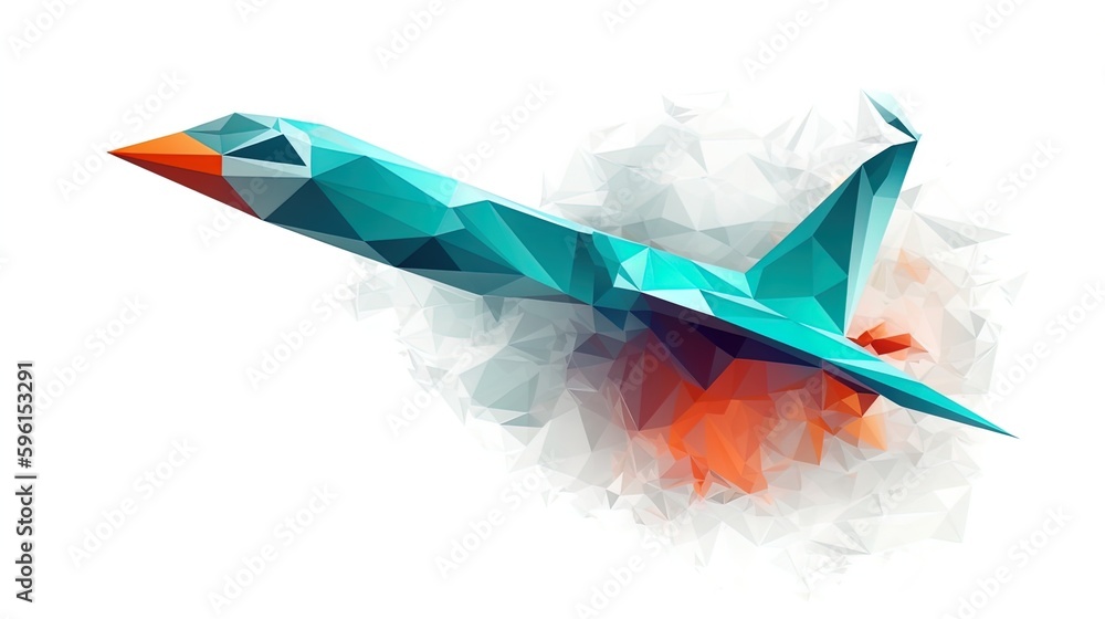 Poster aerodynamic metamorphosis: minimalist airplane dissolving into polygonal triangles on a white backgr
