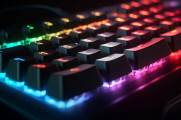 Obraz premium Close-up of a colorful backlit computer keyboard, Generative AI 