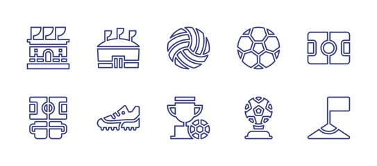 Fototapeta Football line icon set. Editable stroke. Vector illustration. Containing football field, architecture and city, gaelic football, football ball, football, cup, trophy, corner. obraz