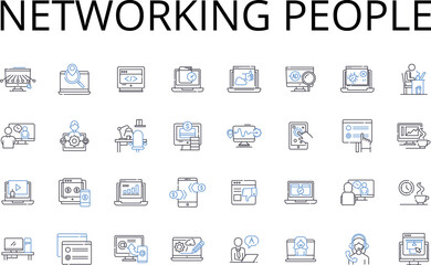 Fototapeta na wymiar Networking people line icons collection. Meeting friends, Socializing events, Building connections, Establishing rapport, Bonding relationships, Developing alliances, Creating partnerships vector and