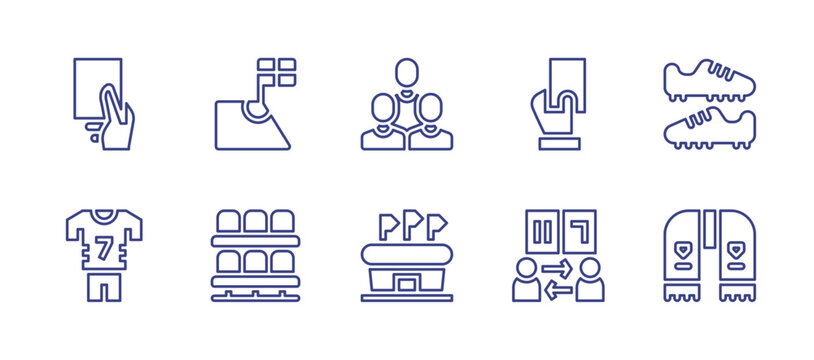 Football line icon set. Editable stroke. Vector illustration. Containing red card, angle, football team, shoes, uniform, seating, stadium, player substitution, scarf.