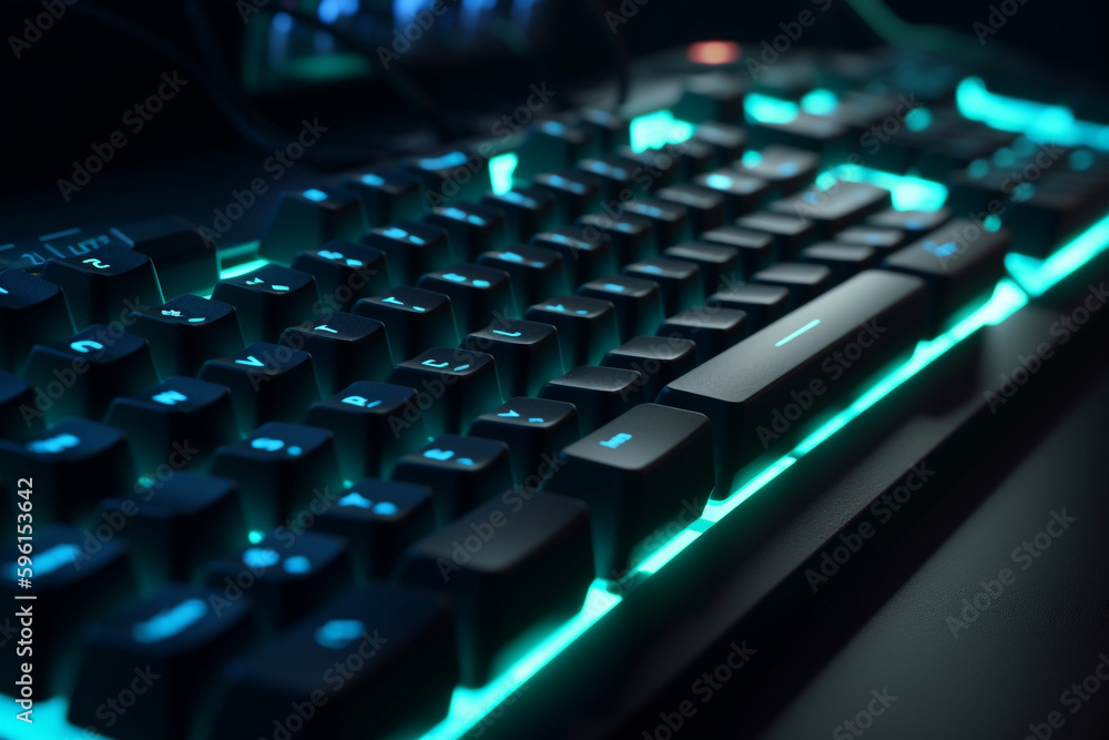 Poster close-up of gamer's keyboard with led backlighting, generative ai