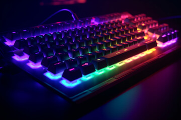 Fototapeta premium Colorful neon backlight gaming keyboard, Generative AI 